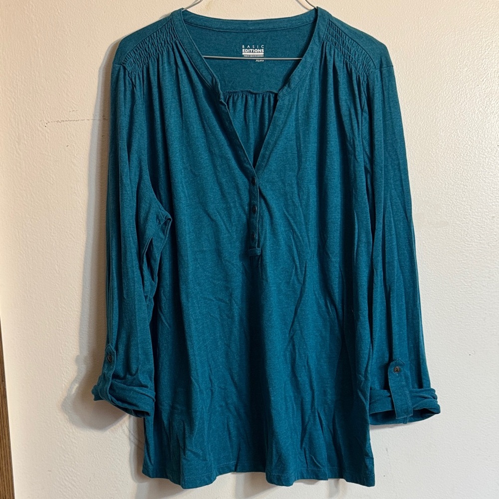 Basic Editions Teal Blouse with Button Accents